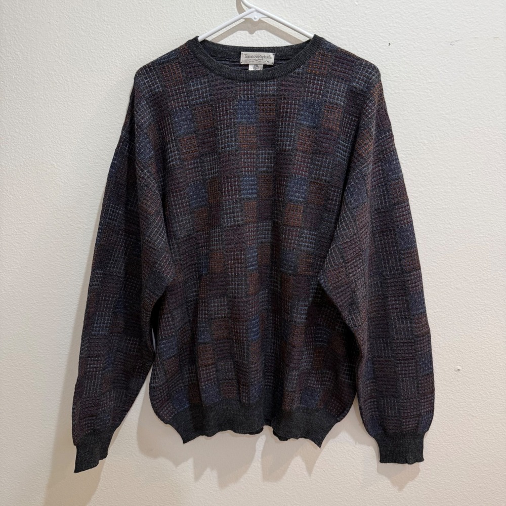 Tricots St Raphael Vintage Merino Wool Sweater XL Grey Blue Plaid Crewneck